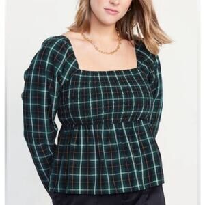 Old Navy Smocked Green Tartan Plaid Long Sleeve Blouse Size XXL